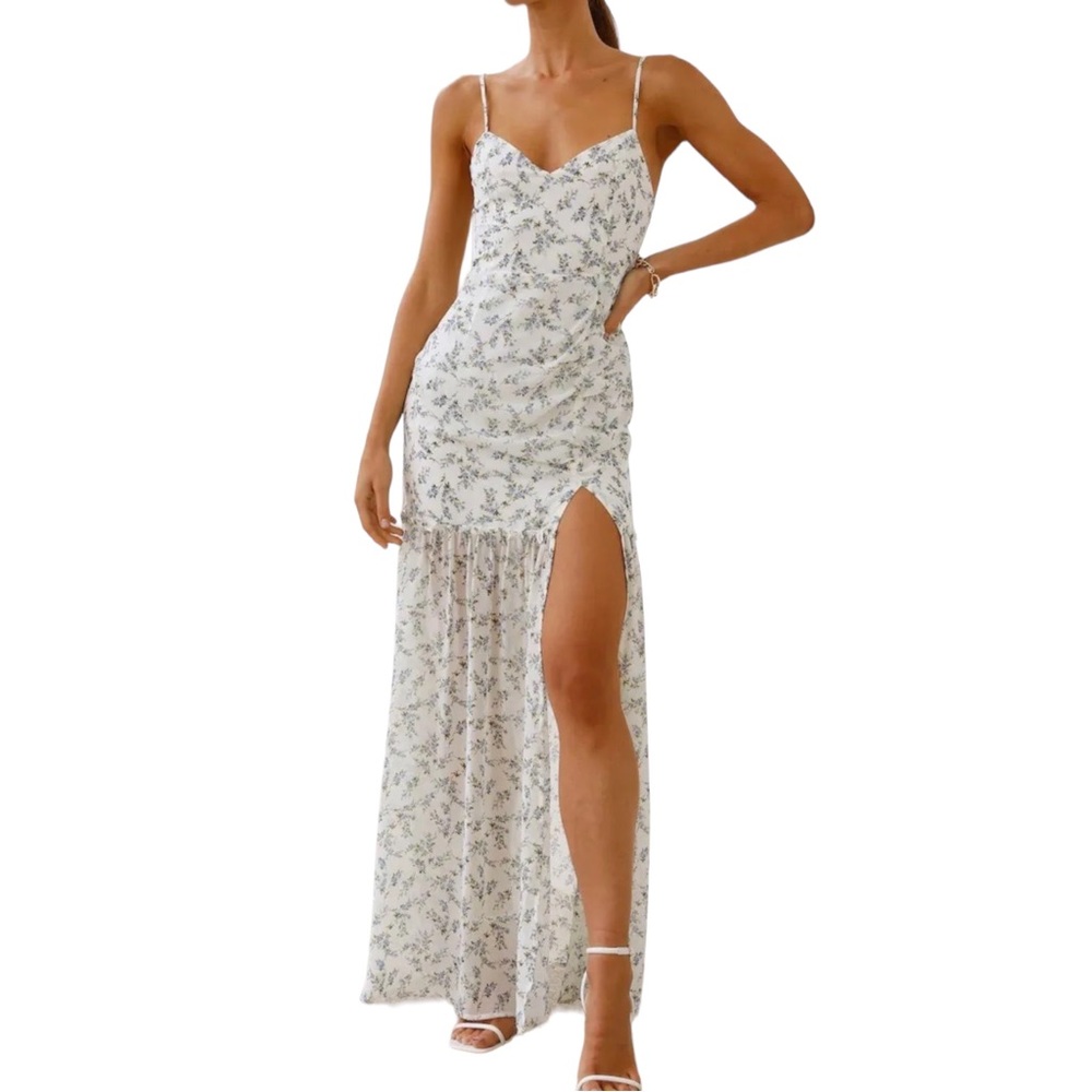 Hello Molly White With Blue Floral Print Maxi Dress